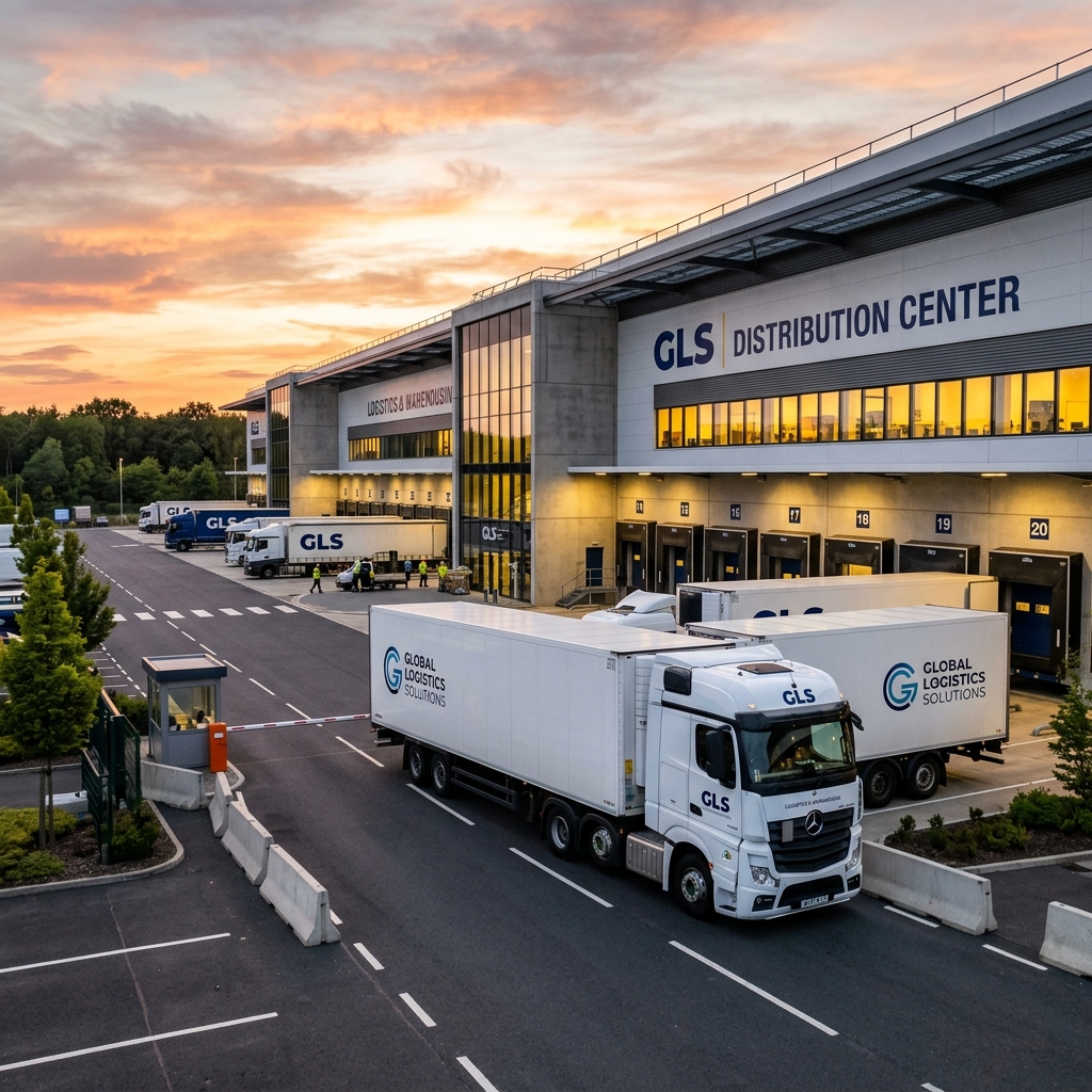 Delivery trucks parked outside logistics distribution center at sunset