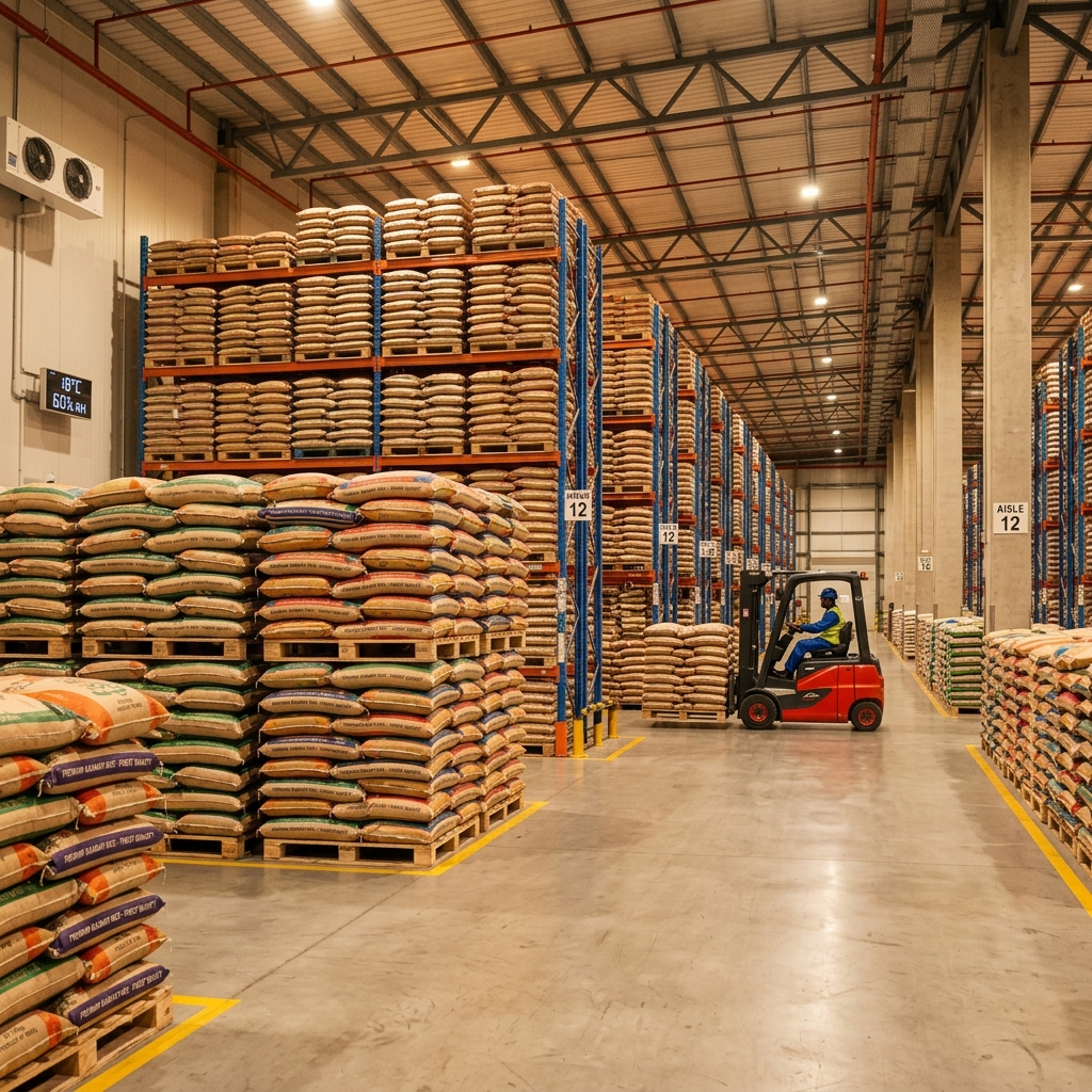 Hygienic and temperature-controlled storage warehouse with stacked rice bags