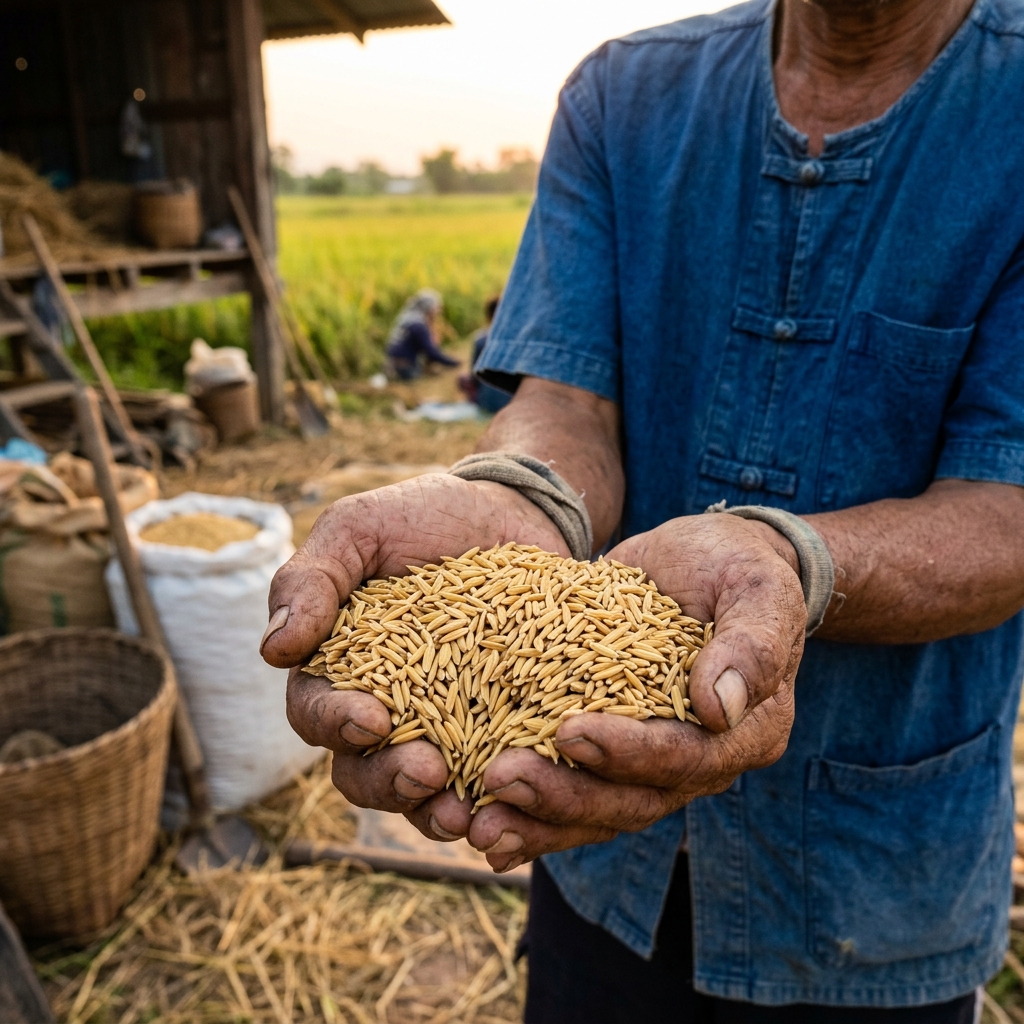 Farmer holding premium golden paddy grains in agricultural field